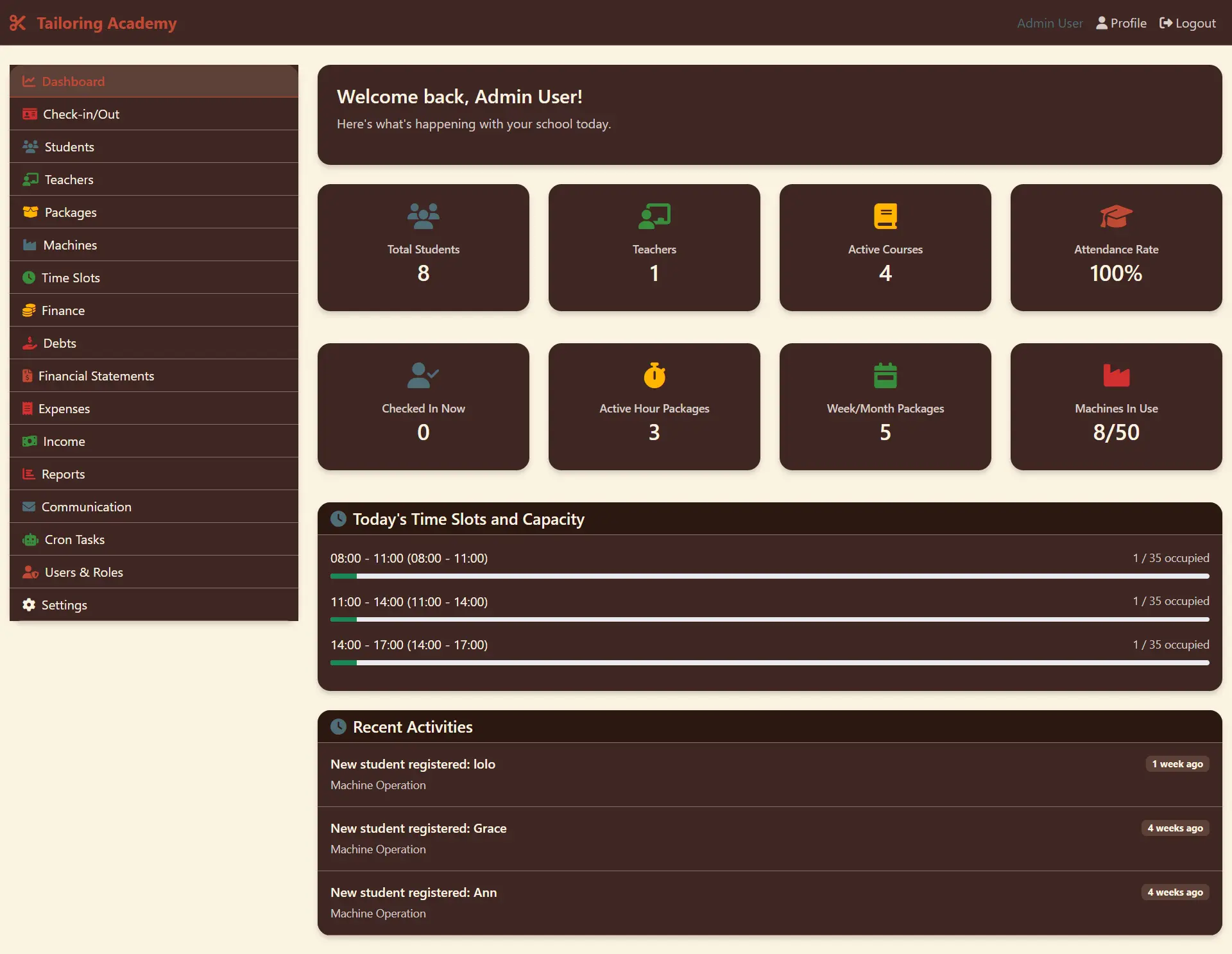 Dashboard preview for Tailoring Academy